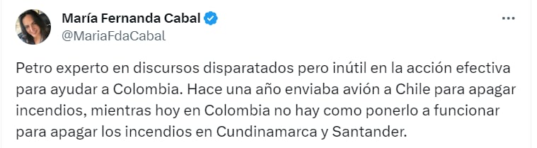 María Fernanda Cabal calificó de "inutil" al presidente Petro por el manejo que ha dado a los incendios en el país - crédito @petrogustavo/X