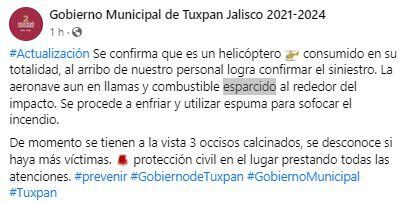 El gobierno de Tuxpan, Jalisco, confirmó el percance e informó que los bomberos trabajan ya en la zona. (FB/Gobierno Municipal de Tuxpan Jalisco)