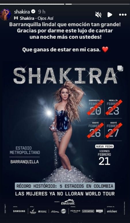 Este fue el mensaje que publicó Shakira en agradecimiento a los barranquilleros - crédito @shakira/IG