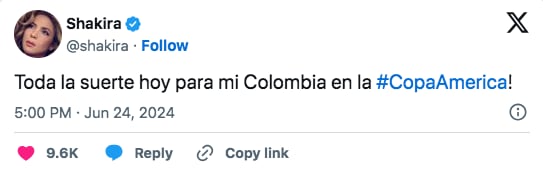 Shakira envió mensaje de apoyo a la selección Colombia en el debut que hizo en la Copa América 2024 - crédito @shakira/X
