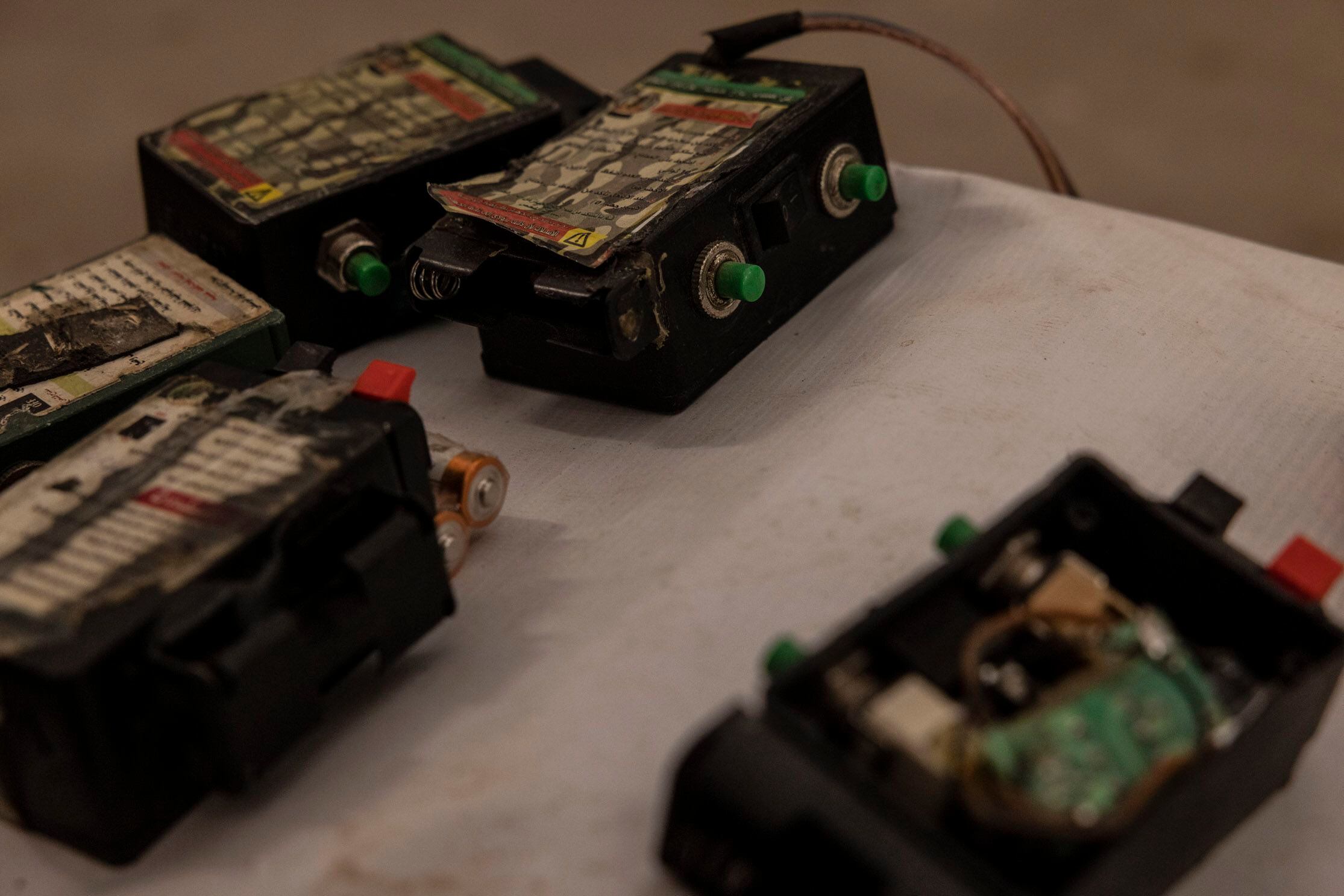 Detonators to trigger explosive devices were among a cache of Hamas weapons shown at a military base in southern Israel on Oct. 20, 2023. MUST CREDIT: Heidi Levine for The Washington Post.