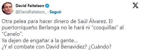 Mensaje de David Faitelson a Canelo Álvarez tras darse a conocer su combate ante Edgar Berlanga. (X / David Faitelson)