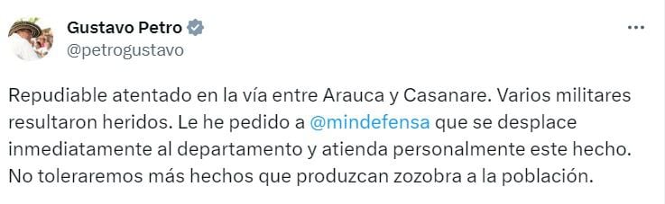 El presidente rechazó el atentado en Tame, Arauca que hasta el momento deja seis militares heridos.