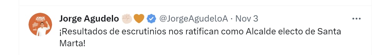 Jorge Agudelo aseguró que el reconteo de votos lo estaría ratificando como alcalde electo de Santa Marta - crédito @JorgeAgudeloA/X