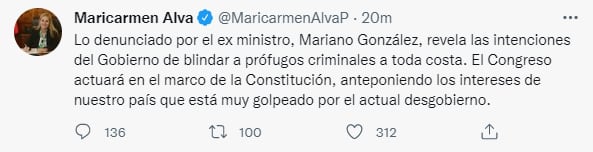 Tuit de la presidenta del Congreso, María del Carmen Alva.