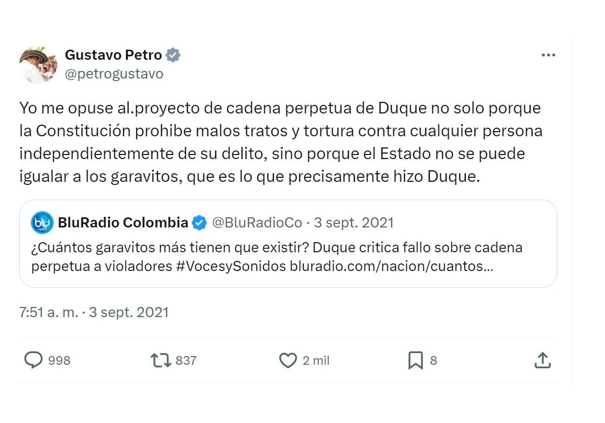 Con este mensaje, el presidente Gustavo Petro rechazó en su momento, cuando era senador, la cadena perpetua para violadores de niños, niñas y adolescentes - crédito @petrogustavo/X