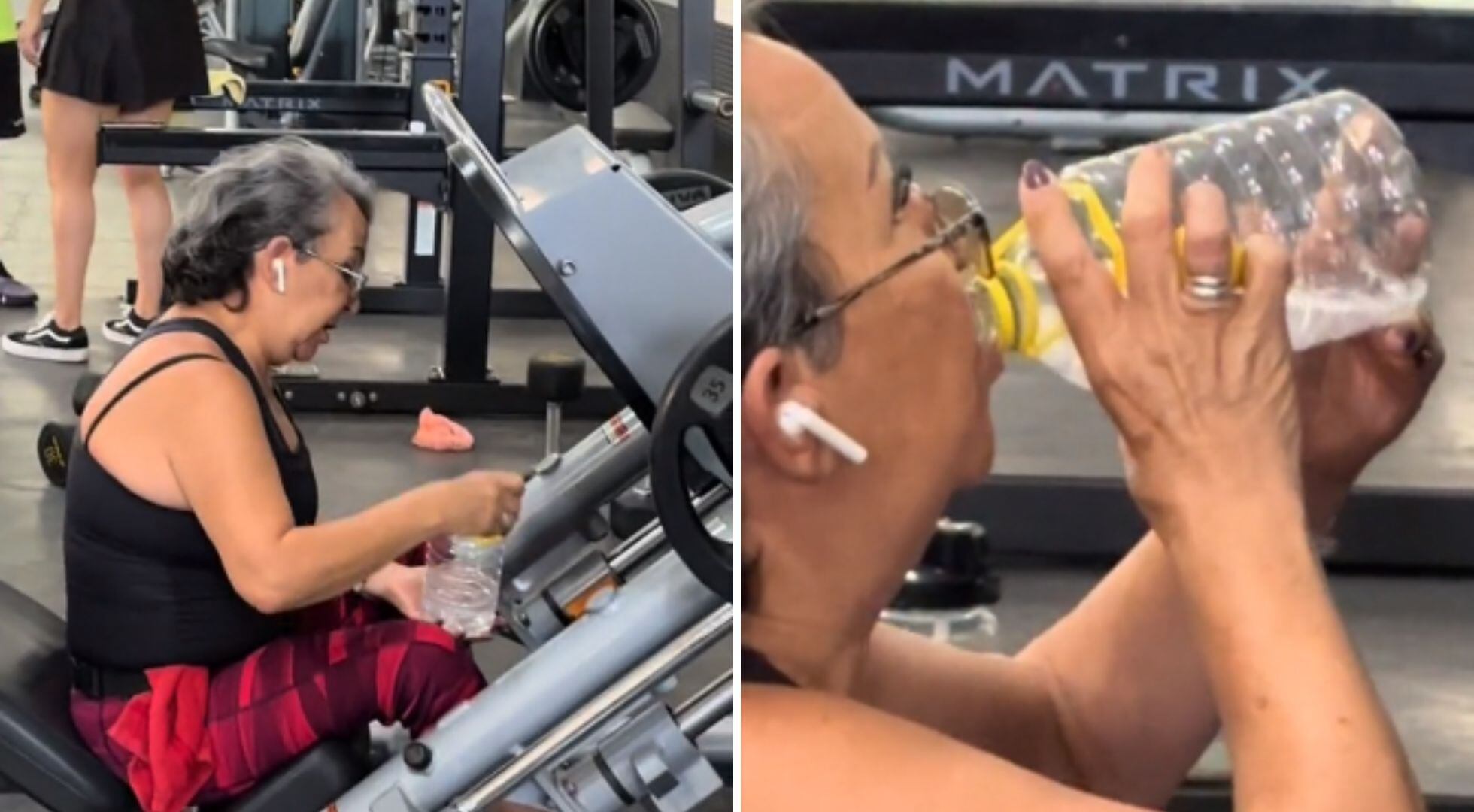 Mujer con una botella de agua en el gimnasio después de un entrenamiento