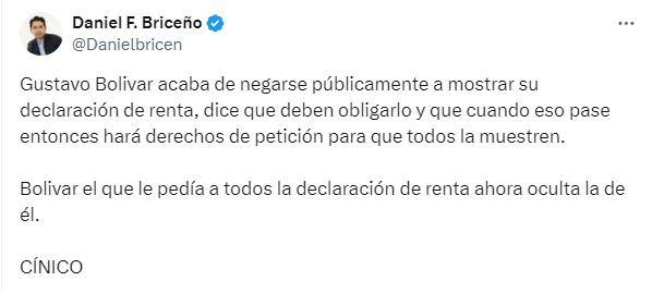 Daniel Briceño habló de la hipocresía de Gustavo Bolívar a la hora de mostrar su declaración de renta de manera púbica - crédito @Danielbricen/X