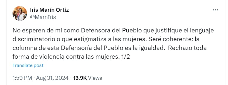 Iris Marín Ortiz fue enfática en señalar que rechaza todo tipo de violencia contra las mujeres - crédito @MarnIris/X