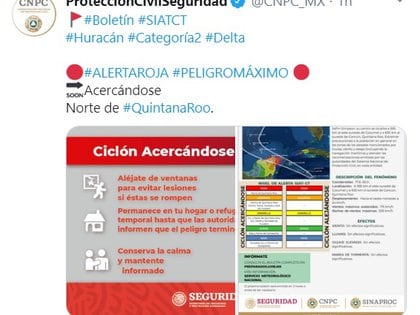 Emitieron Alerta Roja, o Peligro Máximo, para el norte de Quintana Roo (Foto: Twitter: @CNPC_MX)