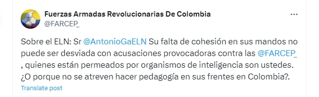 Farc respondió a las acusaciones de Antonio García, que afirmó que el grupo armado apoya las acciones de organismos de inteligencia militar del Estado  - @FARCEP_/X