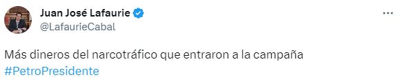 Juan José Lafaurie, el hijo de María Fernanda Cabal, se manifestó ante el supuesto apoyo de un narcotraficante en la campaña de Gustavo Petro. Foto: Twitter.