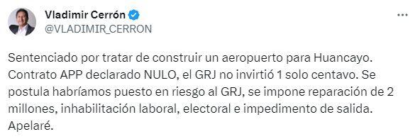 Anuncio de Vladimir Cerrón de que iba apelar segunda sentencia por corrupción en Junín.