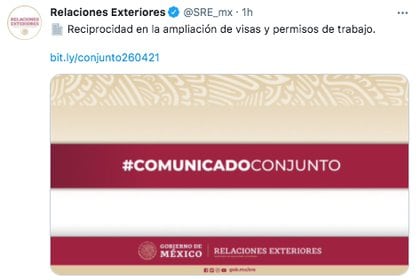 Los gobiernos de EEUU y México enviaron un comunicado conjunto respecto a la expedición de visas de trabajo para ciudadanos de ambos países (Foto: captura de pantalla / Twitter@SRE_mx)