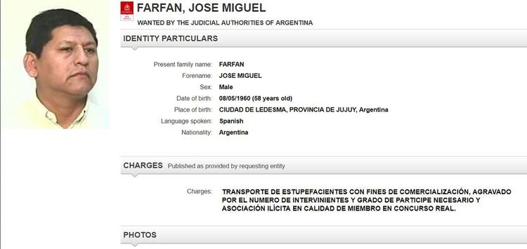 La ficha de FarfÃ¡n en el sitio de Interpol.