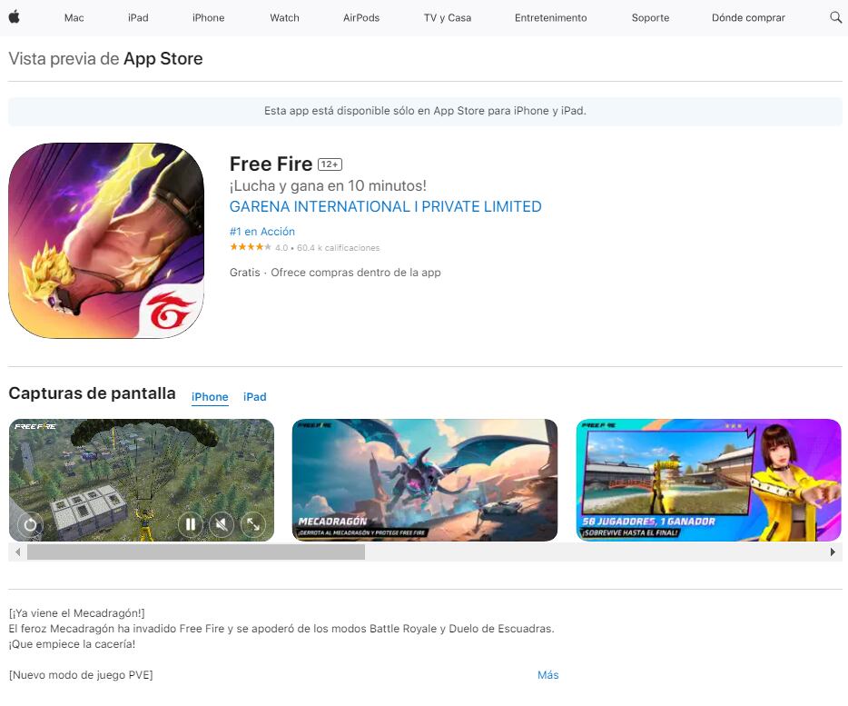 Es recomendable que menores de edad jueguen Free Fire debido a su contenido de armas. (App Store)