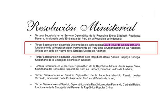 Gobierno designa a hijo mayor de Dina Boluarte en importante cargo en la ONU: David Gómez Boluarte se desempeñará en Nueva York - Infobae