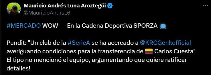 Carlos Cuesta llegaría a la Serie A de Italia, para la temporada 2024/2025 - crédito @MauricioAndrsL6/X