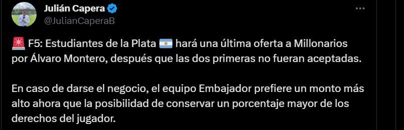 Estudiantes no quiere más líos con Millonarios y prepararía otra propuesta, antes de descartar el fichaje de Álvaro Montero - crédito - @JulianCaperaB/X