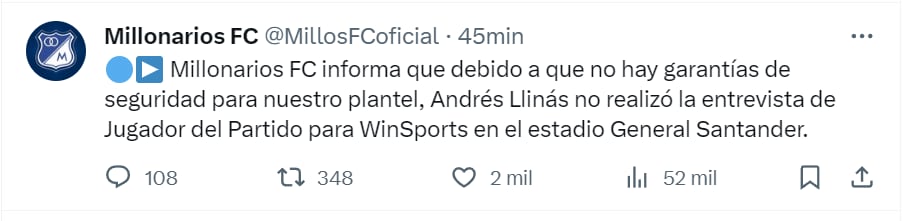 El Embajador denunció la falta de garantías en la cancha - crédito @MillosFCoficial/X