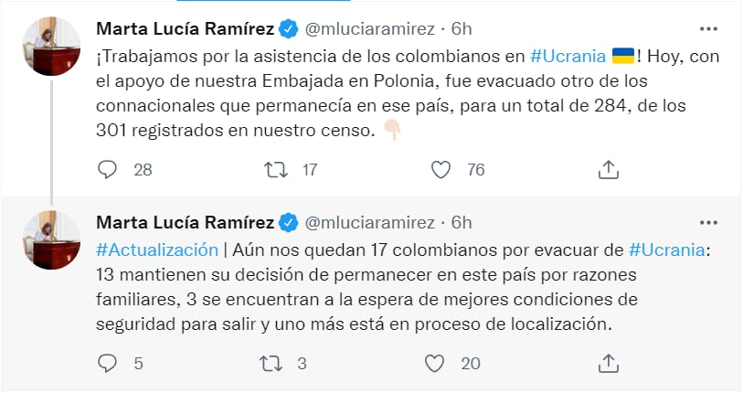 Marta Lucia Ramírez commente le déroulement de l'évacuation des Colombiens en Ukraine