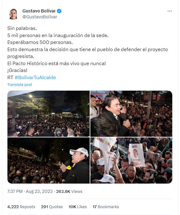 Mensajes de Gustavo Bolívar luego de la inauguración de su sede de campaña