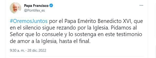 El tuit del papa Francisco por la salud de Benedicto XVI