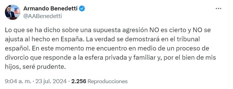 A través de X, el embajador negó que los hechos que lo involucran en un caso de presunta violencia de género - crédito @AABenedetti/X