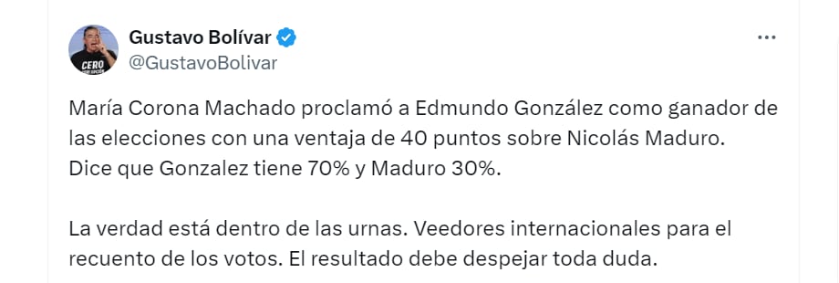 Gustavo Bolívar lanza pullas a oposición venezolana - crédito @GustavoBolivar/X