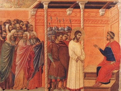 Cristo ante Caifás (sumo sacerdote de la secta de los saduceos), pintura de Duccio Di Buoninsegna, realizada en 1306.