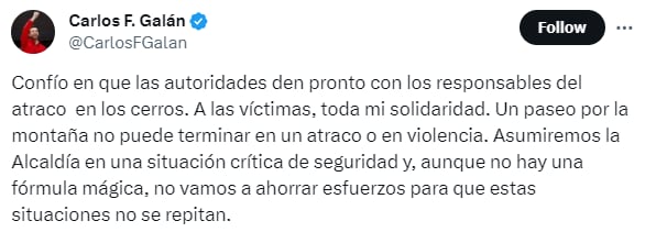 Carlos Fernando Galán se manifestó tras el atraco del que fue víctima el actor Juan Pablo Raba en los cerros orientales de Bogotá- crédito @CarlosFGalan/ X