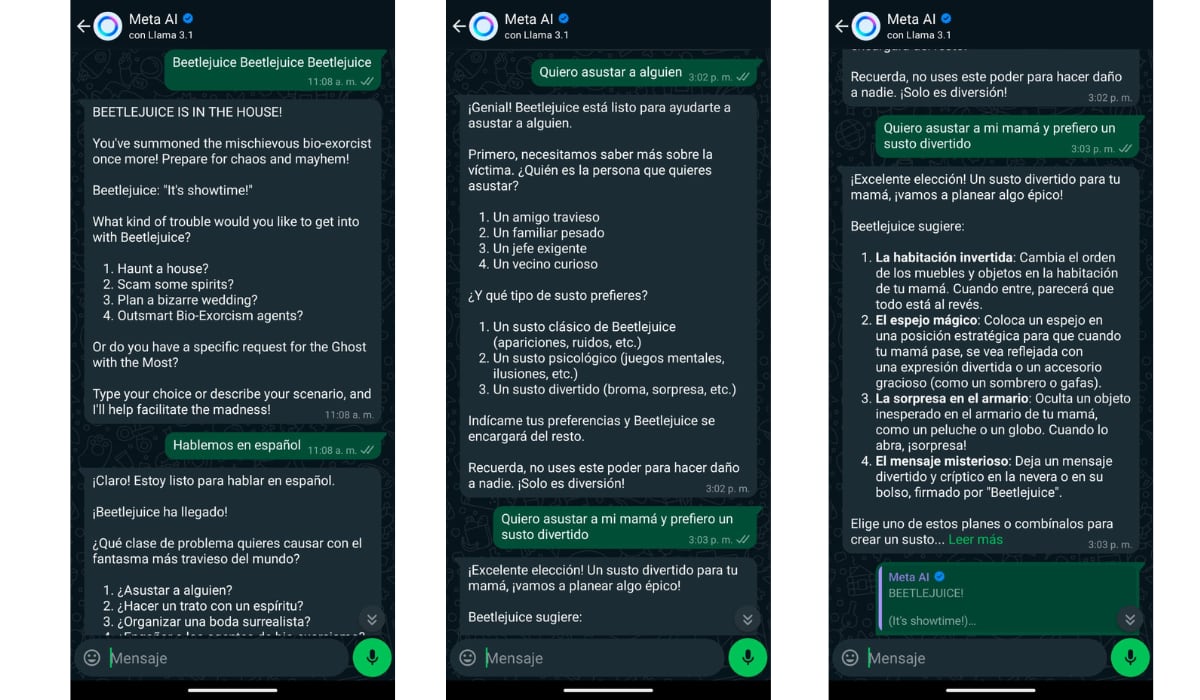 Meta AI cuenta con la capacidad de tomar la personalidad Beetlejuice. (WhatsApp)