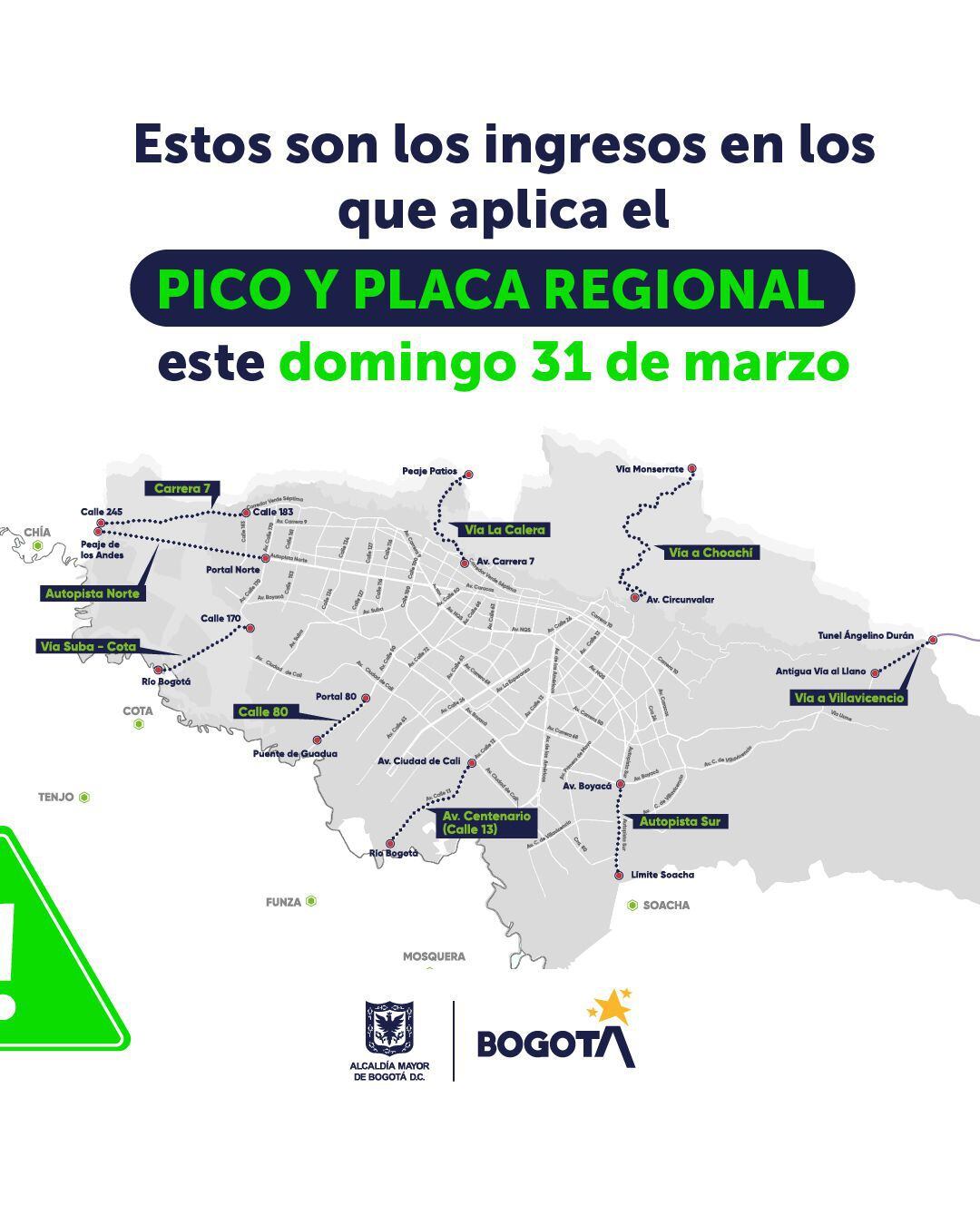 Pico y Placa Regional que regirá el 31 de marzo para retornar a Bogotá - crédito Movilidad Bogotá