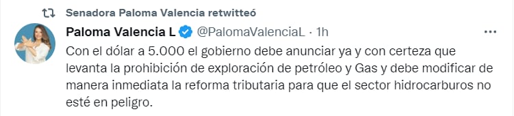 Paloma Valencia sobre el precio del dólar. Tomado de Twitter.