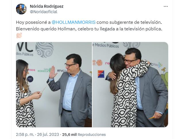 La gerente del Sistema de Medios Públicos, Nórida Rodríguez, posesionó al periodista y exconcejal de Bogotá en la subgerencia de televisión de RTVC. Twitter.