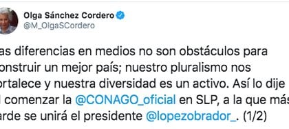 Así fue el mensaje previo a la reunión de la secretaria de Gobernación con gobernadores. (Foto: Twitter@M_OlgaSCordero)