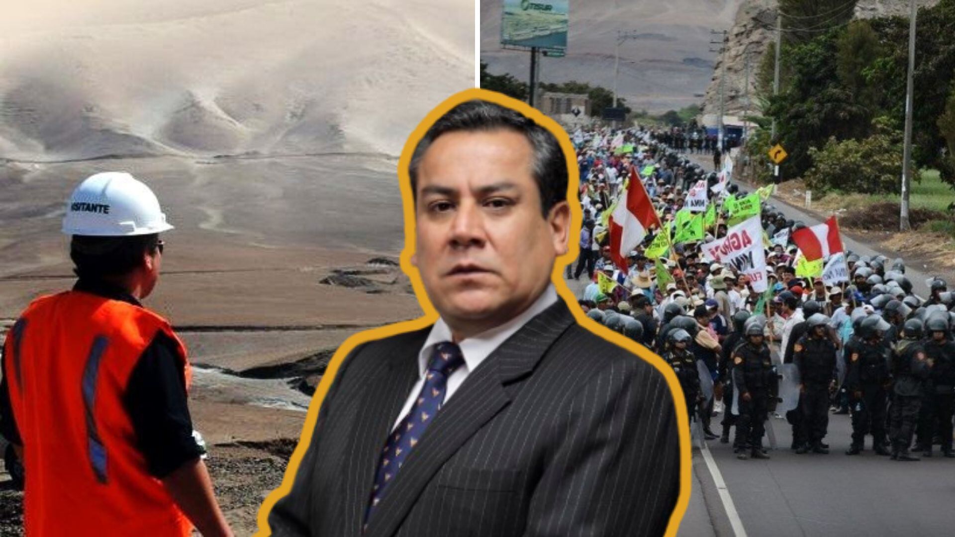 Primer Ministro Gustavo Adrianzén frente a minero mirando Tía María y las protestas