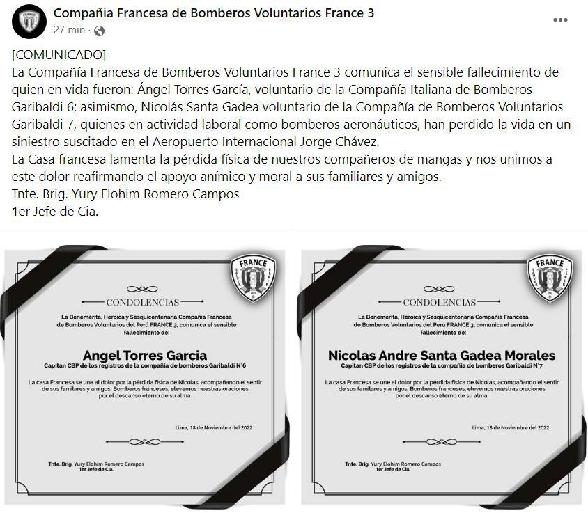 Compañías Francesa de Bomberos  lamentaron muerte de dos de sus compañeros