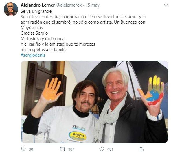 El posteo en Twitter de Alejandro Lerner despidiendo a Sergio Denis