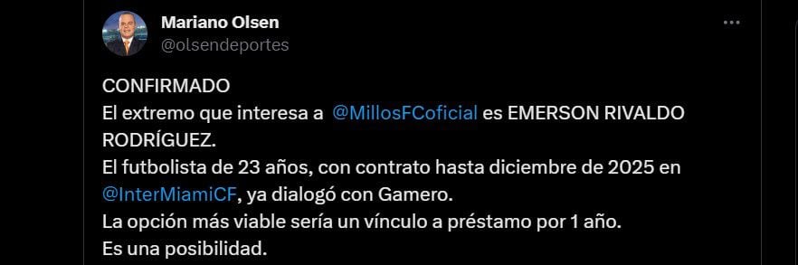 Emerson Rodríguez sería el jugador que Millonarios buscaría como refuerzo para 2024 - crédito @olsendeportes/X