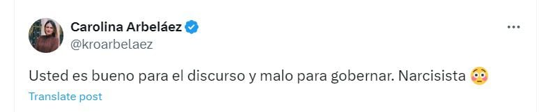 La representante calificó de narcisista los discursos dados por el presidente Petro durante su gira en Estados Unidos - crédito @kroarbelaez/X