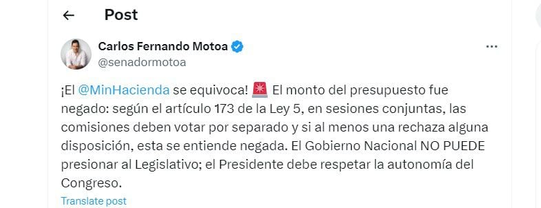 Carlos Fernando Motoa  también le contesta al ministro de Hacienda y arremete contra el presidente Petro - crédito @senadormotoa