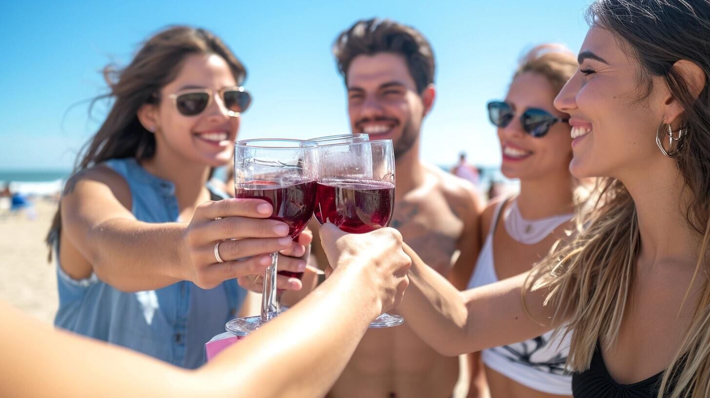 Amigos en vacaciones comparten una copa de vino tinto frente al mar, disfrutando de una degustación casual en la arena. La playa se convierte en un espacio de encuentro y descubrimiento de sabores, donde el viaje y la enología se entrelazan. (Imagen ilustrativa Infobae)