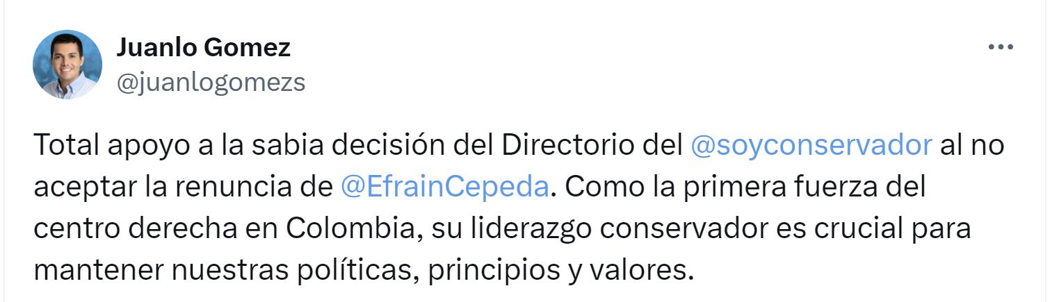 El representante Juan Loreto Gómez respaldó a Efraín Cepeda como presidente del Partido Conservador - crédito X