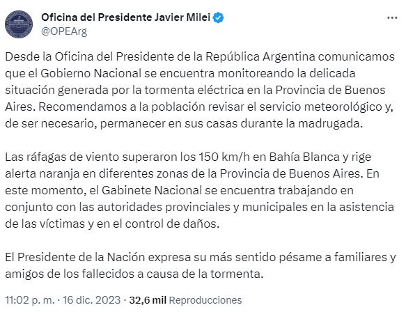 Milei comunicado de prensa temporal en Bahía Blanca