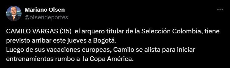 Camilo Vargas sería el primer convocado por la selección Colombia para la Copa América y comenzaría entrenamientos en el país - crédito @olsendeportes/X
