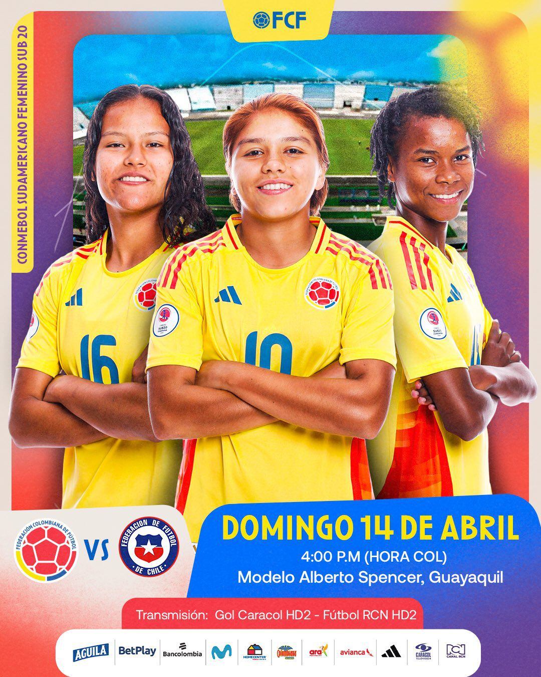 Gabriela Rodríguez, Juana Ortegon y Karla Torres son las protagonistas en el afiche de promoción del partido Colombia vs. Chile - crédito Federación Colombiana de Fútbol