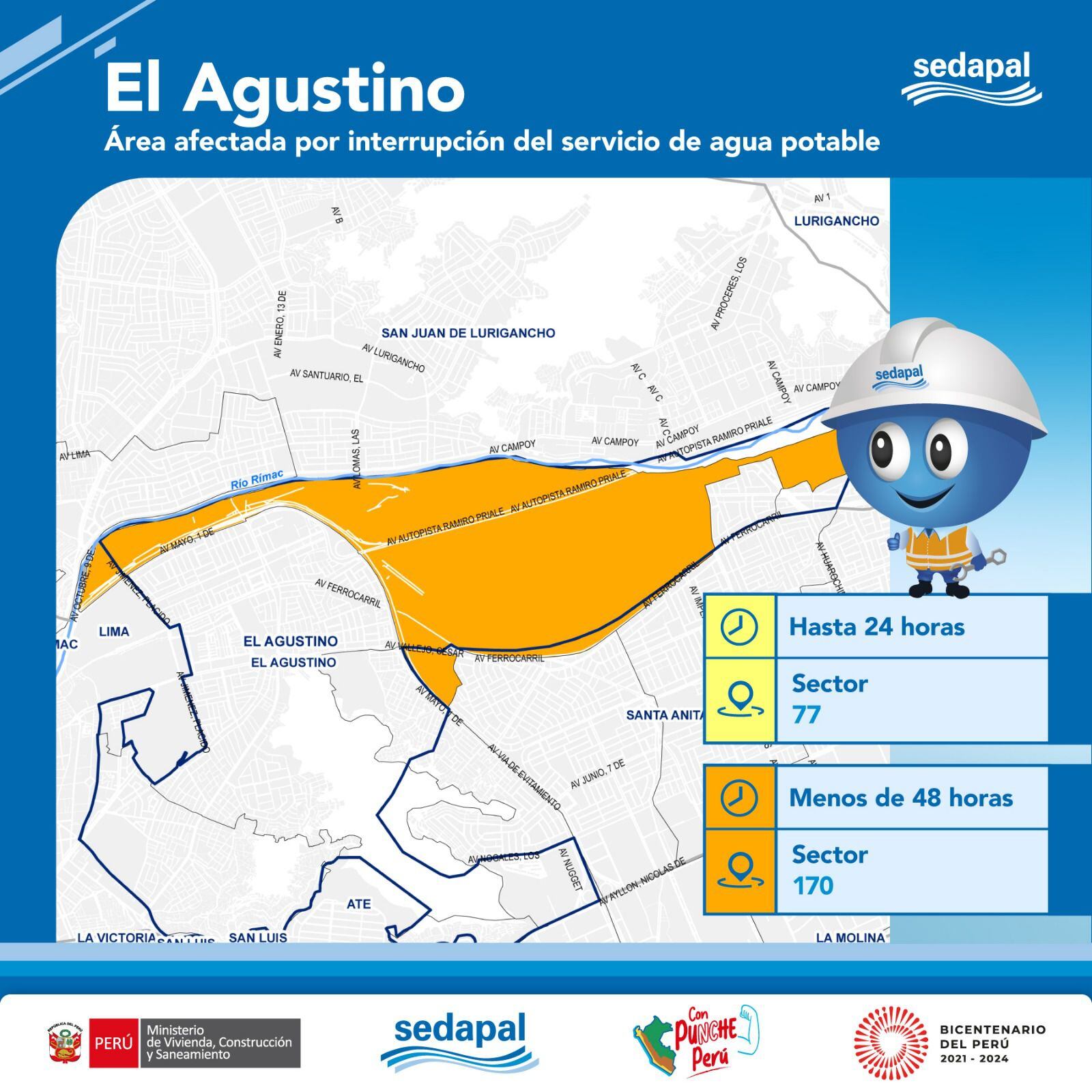 Mapa de las zonas que serán afectadas por el corte de agua en El Agustino y horarios en que se suspenderá el servicio | Crédito: Sedapal.