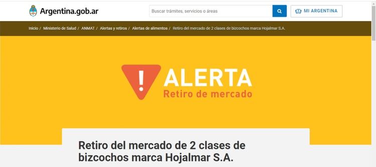 La ANMAT publicó el pedido del retiro preventivo de dos clases de bizcochos de la empresa Hojalmar S.A.