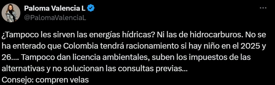 Paloma Valencia criticó a Gustavo Petro por las declaraciones que dio sobre las hidroeléctricas - crédito @PalomaValenciaL